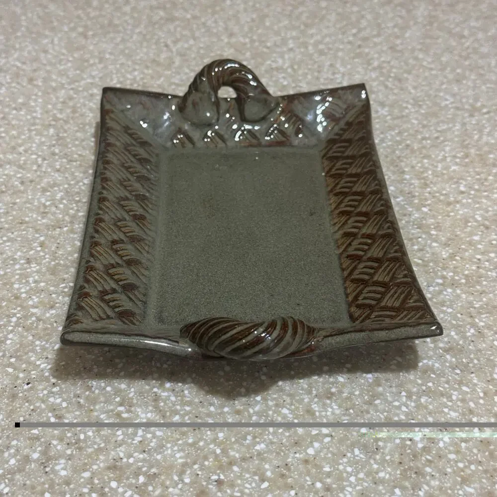 Thomas Pottery Basketweave Tray North Carolina Green Lead Free Handcrafted Dish